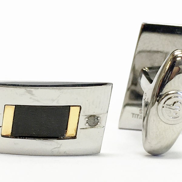 Gorgeous Dolan Bullock DB Pair Of Titanium Stainless Steel & 18K Yellow Gold Cufflinks w/ Diamonds     (#-0240)