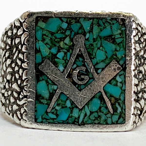 STUNNING Sterling Silver Men's Masonic Ring w/ Chipped Turquoise (#0279)