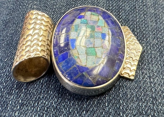 Vintage sterling silver multicolored stones mosai… - image 2