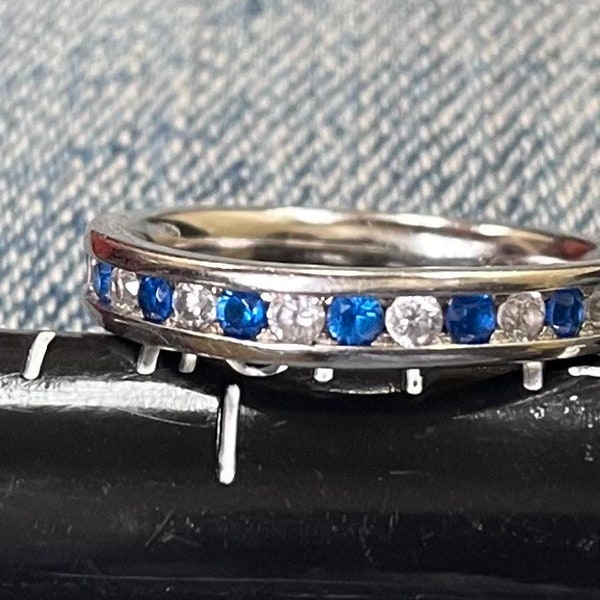 Blue and white lab created sapphire eternity band sterling silver.#101489T2. Free shipping!!!