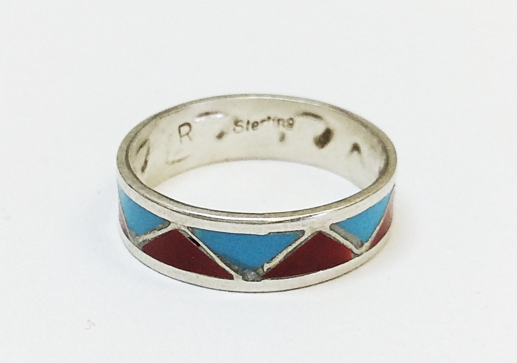 Native American Wedding Band W Turquoise Coral Hallmarked R