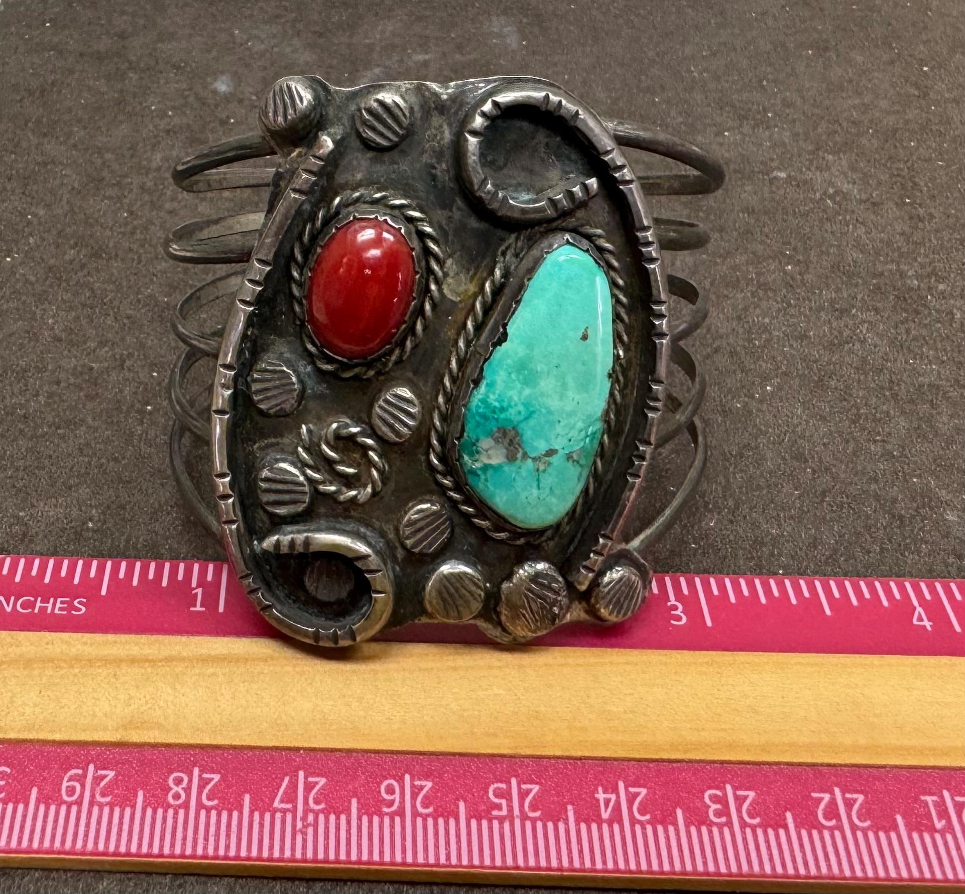Vintage Navajo Turquoise & Coral Sterling Silver Wide Cuff Bracelet ...