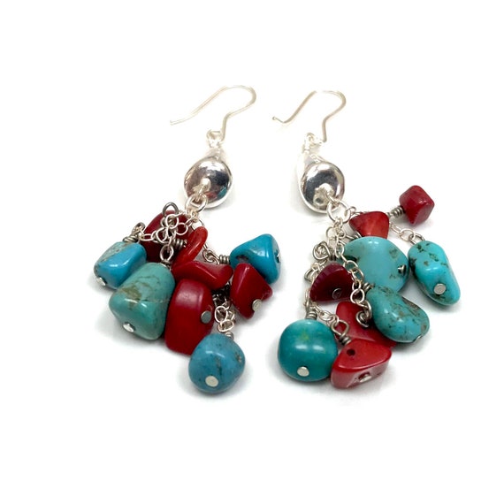 Turquoise and coral dangle drop earrings sterling… - image 1