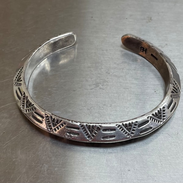 Vintage Navajo signed HB “ Harvey Begay” deep stamped triangular artisan heavy cuff bracelet.#870 S . Free shipping!!!