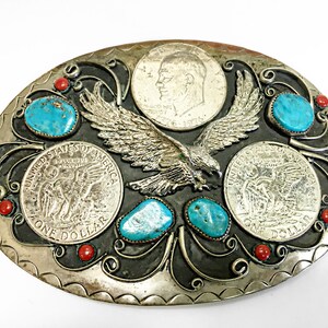 Hand Crafted SQUAW WRAP Signed Silver Belt Buckle Turquoise Coral Cowboy Horse Huge Gorgeous Squaw Wrap Sterling Silver Belt Buckle W  main image 2