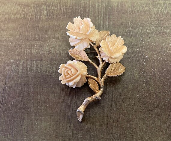 Vintage signed Ledo art carved celluloid rose flo… - image 1