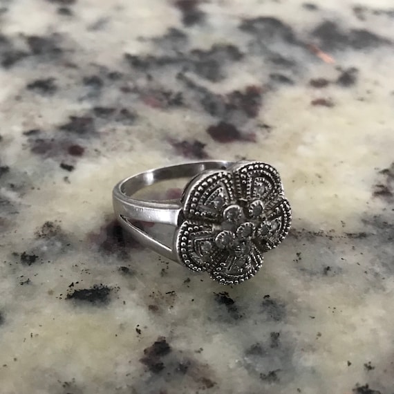 Filigree flower mesh ring sterling silver marked … - image 3