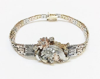 Sterling Silver three tone floral bracelet&CZs     (#-0245)