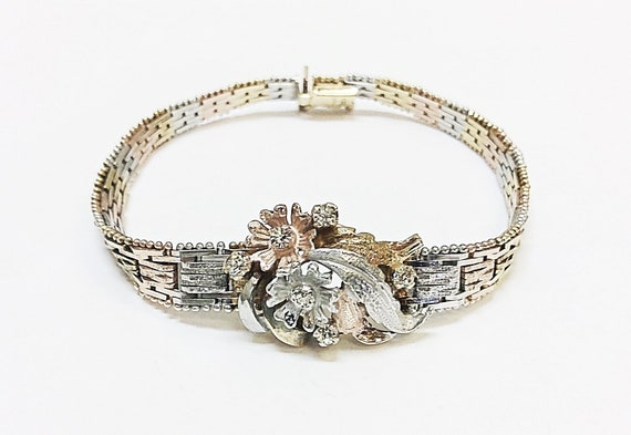 Sterling Silver three tone floral bracelet&CZs   … - image 1