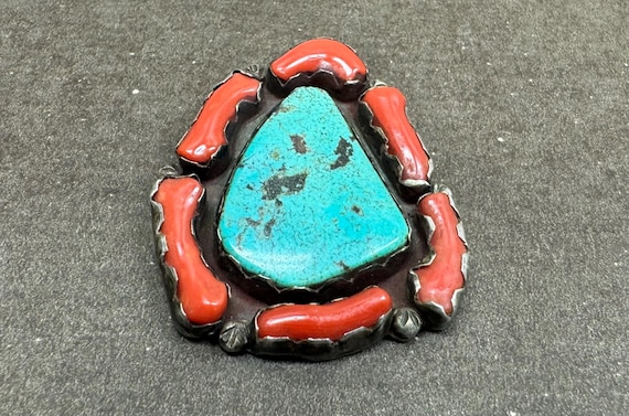 Striking Native American Navajo Turquoise And Coral Sterling Silver Cross Necklace Striking Native American Navajo Turquoise And Coral Sterling Silver Cross Necklace