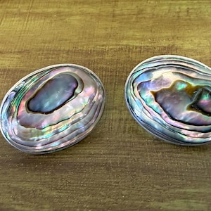 May include: A pair of oval-shaped earrings featuring iridescent abalone shell inlays set within polished silver-toned metal frames. The shell displays swirling patterns of deep purple, blue, and green hues with a natural, glossy, and multi-colored finish.