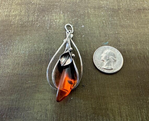 Vintage sterling silver amber flower pendant.#214… - image 3