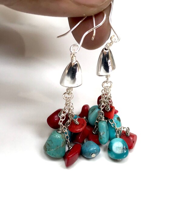 Turquoise and coral dangle drop earrings sterling… - image 3