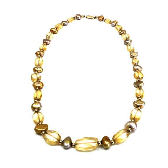 Pearl, Crystal & Gold Beaded Necklace with 14k Lo… - image 1