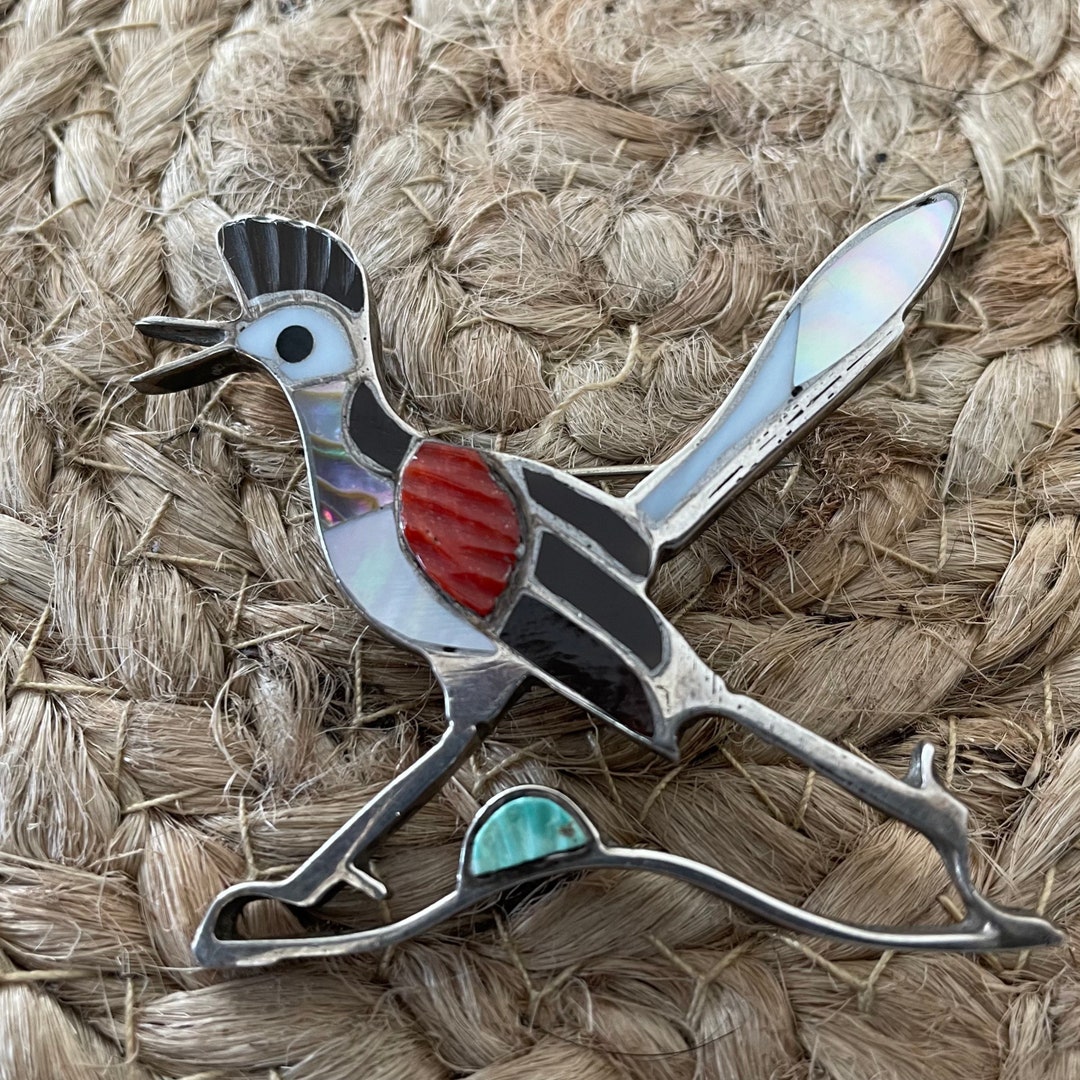 ZUNI Roadrunner Bird Sterling Silver Big Size Brooch/ Pin 189.free