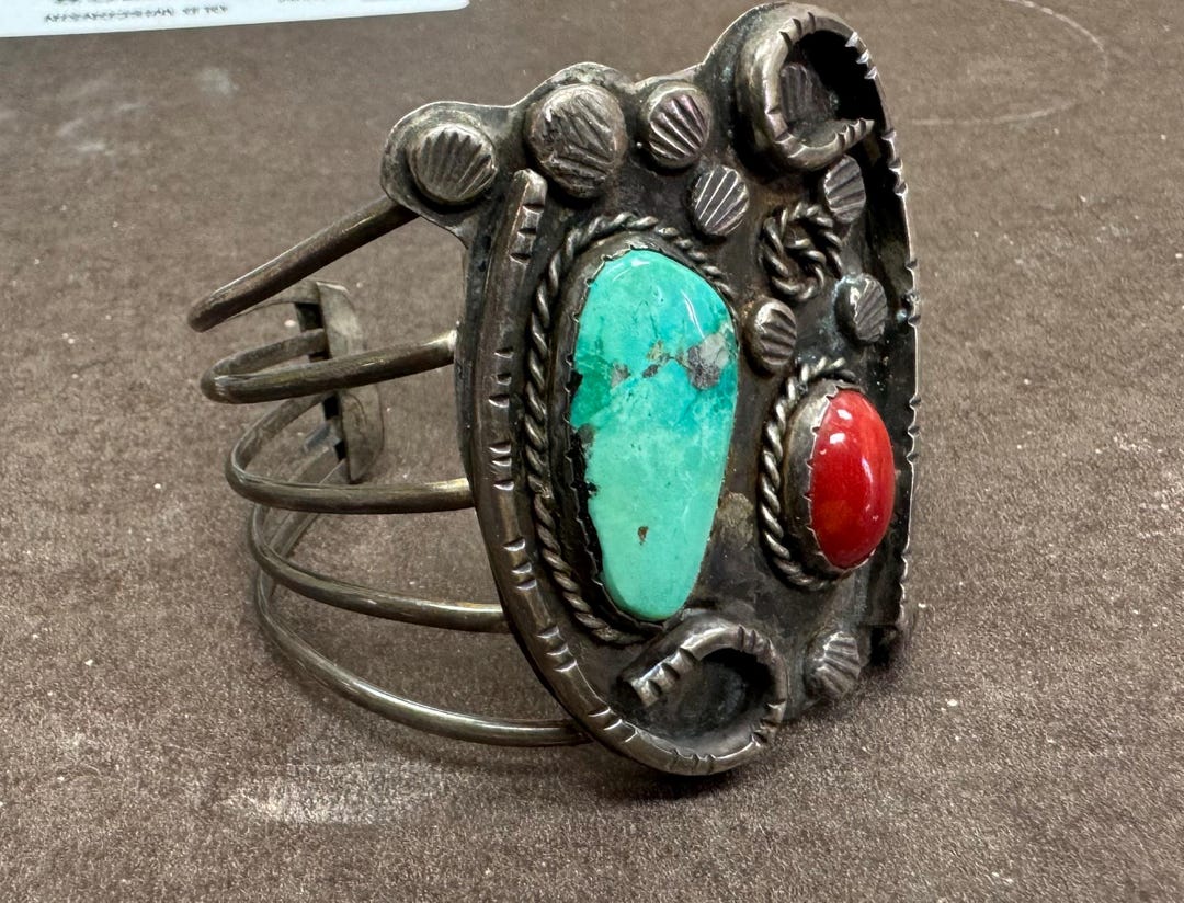 Vintage Navajo Turquoise & Coral Sterling Silver Wide Cuff Bracelet ...