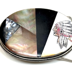 Vintage Indian Chief Belt Buckle: Abalone & Onyx Inlay