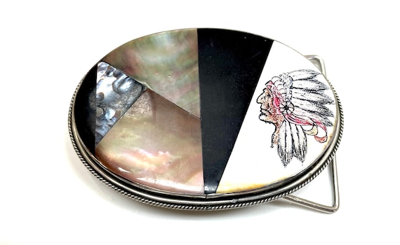 Belt Buckle Metal Abalone Inlay Indian Chief Head Native American Johnson & Held Indian Chief Abalone & Turquoise Inlay  main image 2