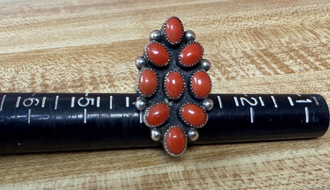 Native American Navajo Vintage Sterling Silver Coral Cluster Ring Size ...