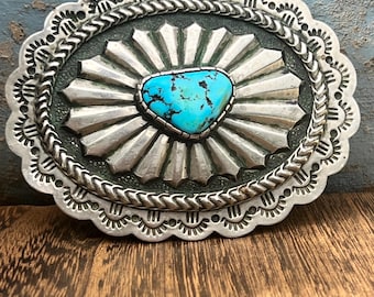 Vintage Mike Platero Navajo Sterling Silver Turquoise Belt Buckle…Hand Stamped Southwest Concho Style…Signed Native American Buckle W2003