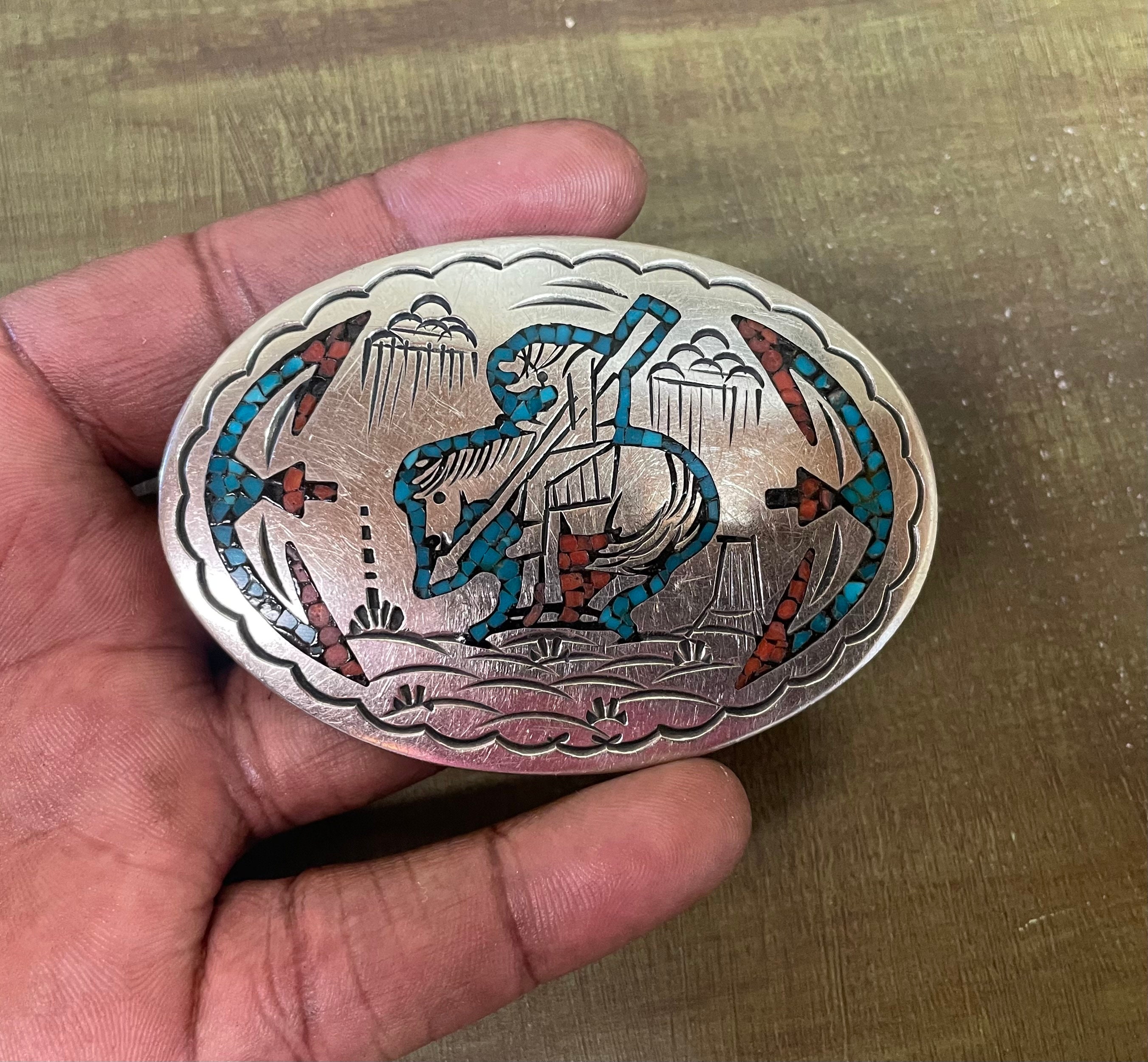 Turquoise and Coral chip inlay Eagle Belt buckle