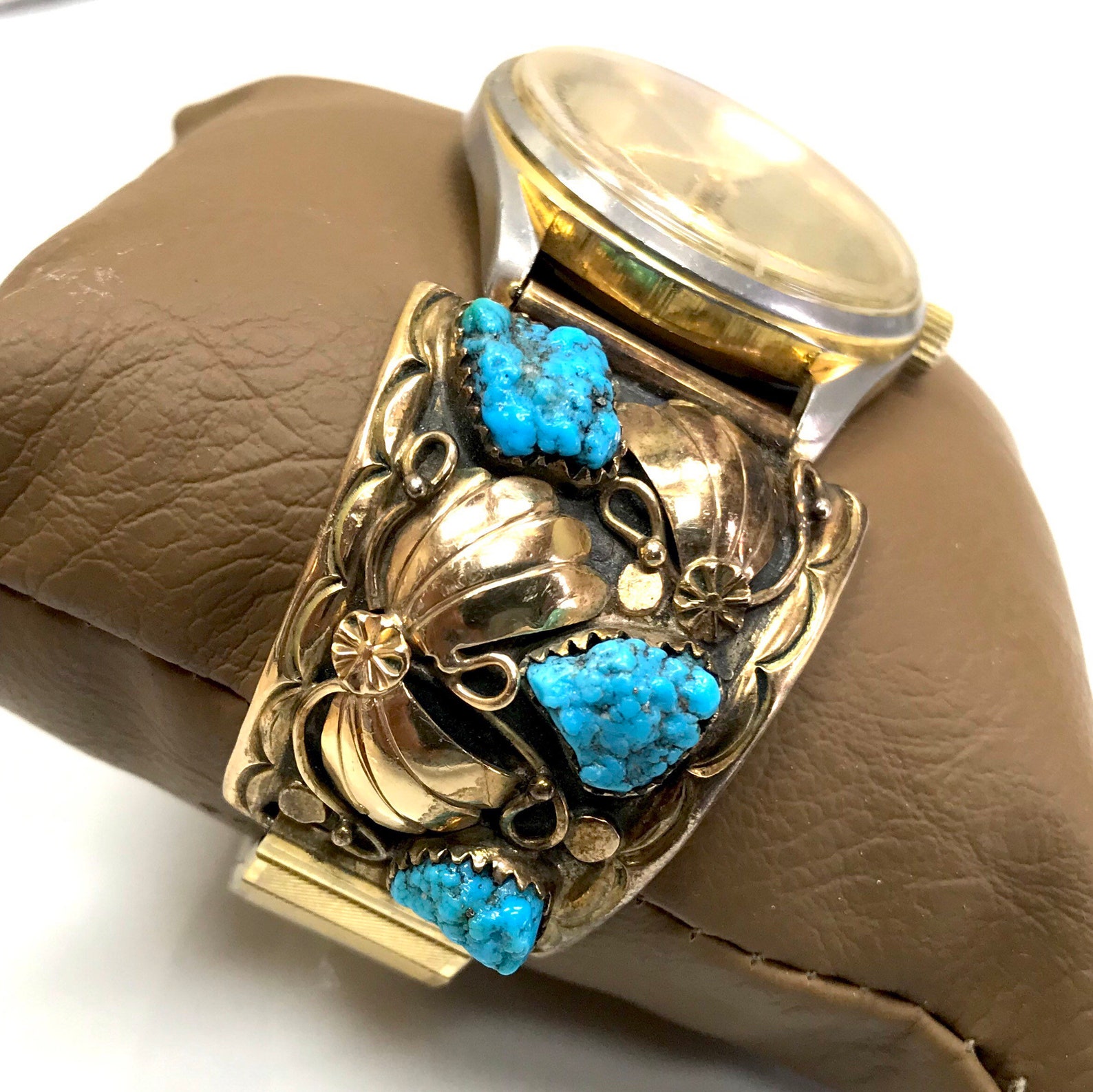 Vintage Navajo 14k Gold Turquoise Watch Band / Cuff Signed W. Etsy