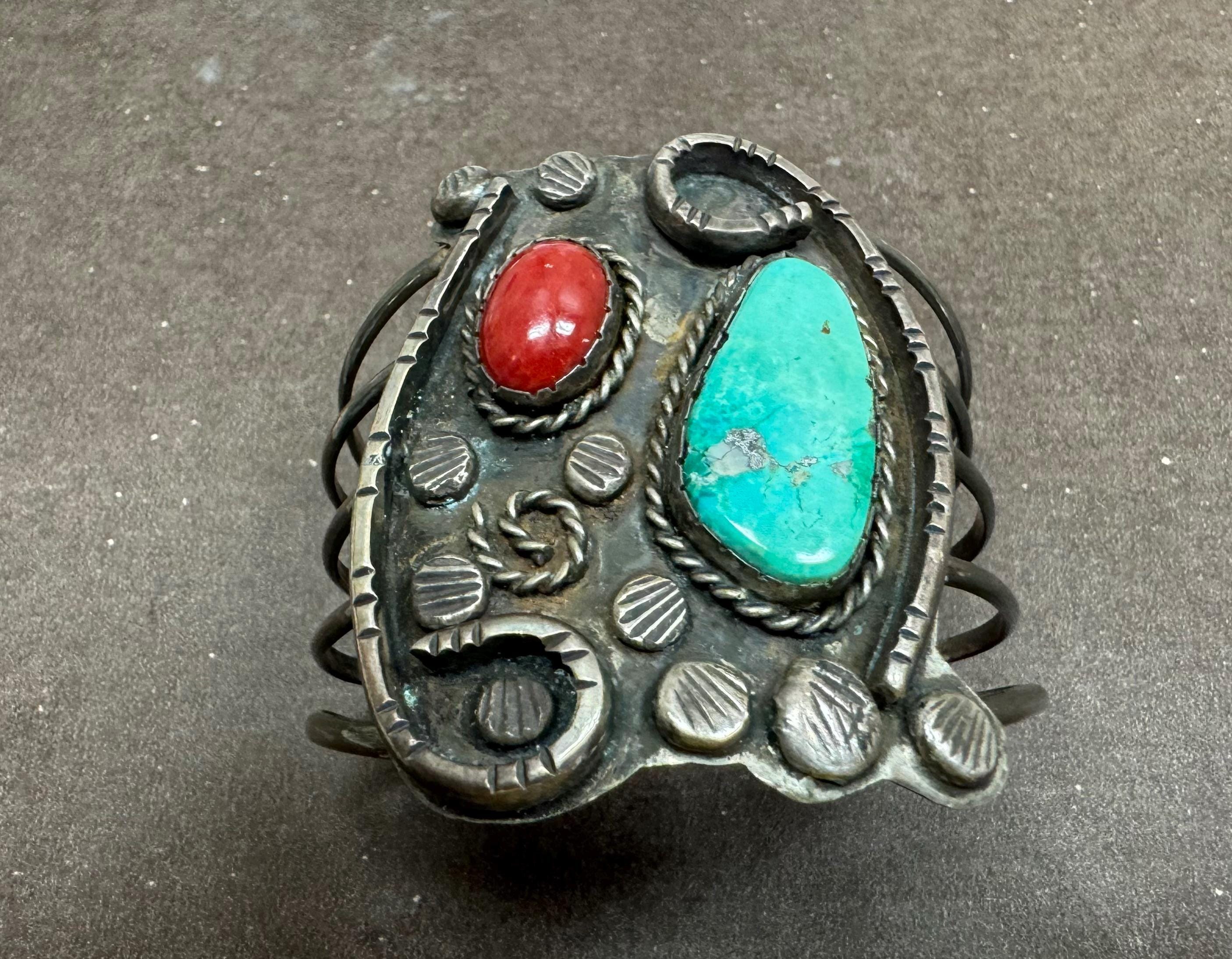 Vintage Navajo Turquoise & Coral Sterling Silver Wide Cuff Bracelet ...
