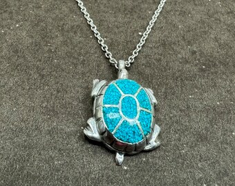 Sterling silver 20” inch necklace with turquoise turtle pendant.#2416B5.Free shipping!!!