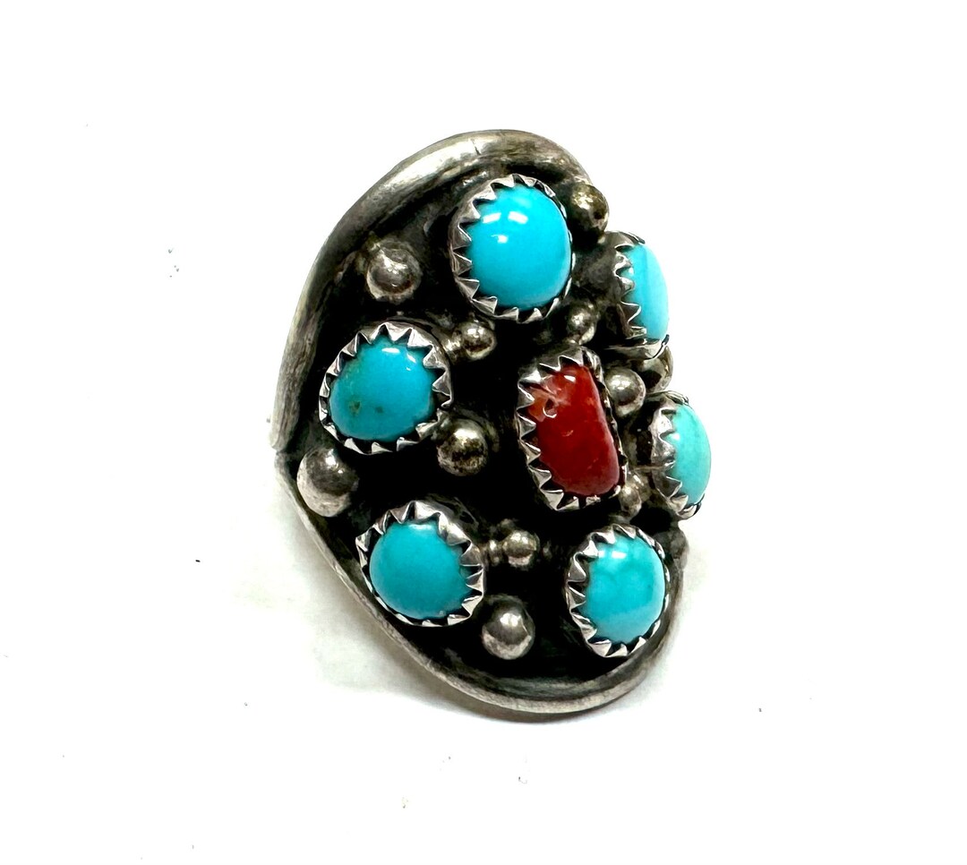 Signed Native American Turquoise & Coral Cluster Ring Size 7.2349t2 ...