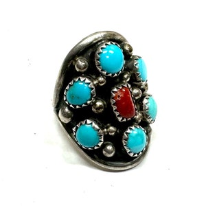 Signed Native American turquoise & coral cluster ring size 7.#2349T2.Free shipping!!!