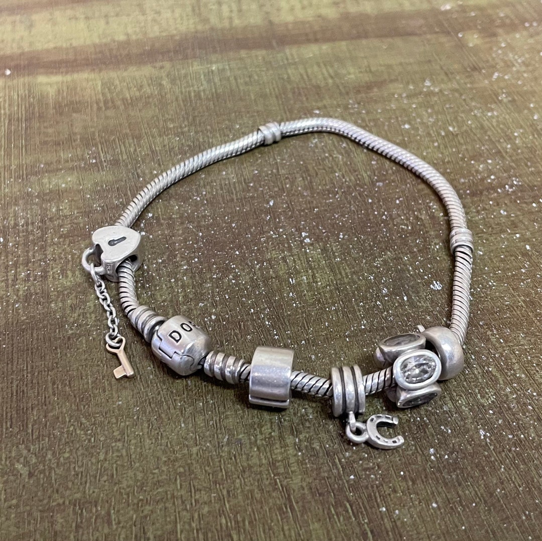 Vintage Authentic Pandora Snake Charm Bracelet With Charms 7 1/2 Inches