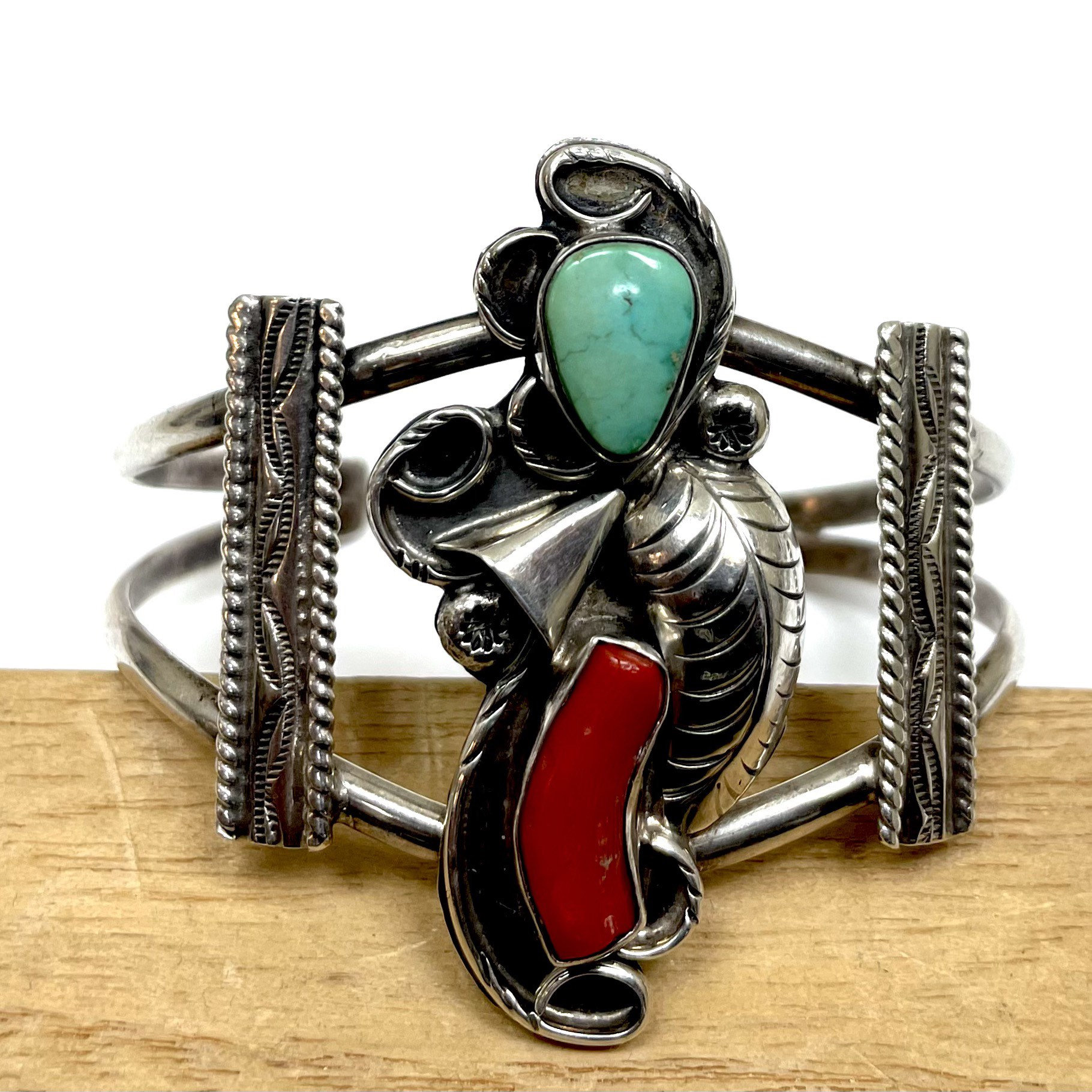 Native American Turquoise Coral SS Cuff Bracelet Signed H.j