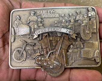 Boucle De Ceinture Vintage Harley Davidson 1974 - Produit Années 70, Métal Argenté Vieilli, Décor Moto