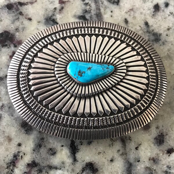 Navajo Emerson Sterling Silver Concho turquoise belt buckle signed.#2484S