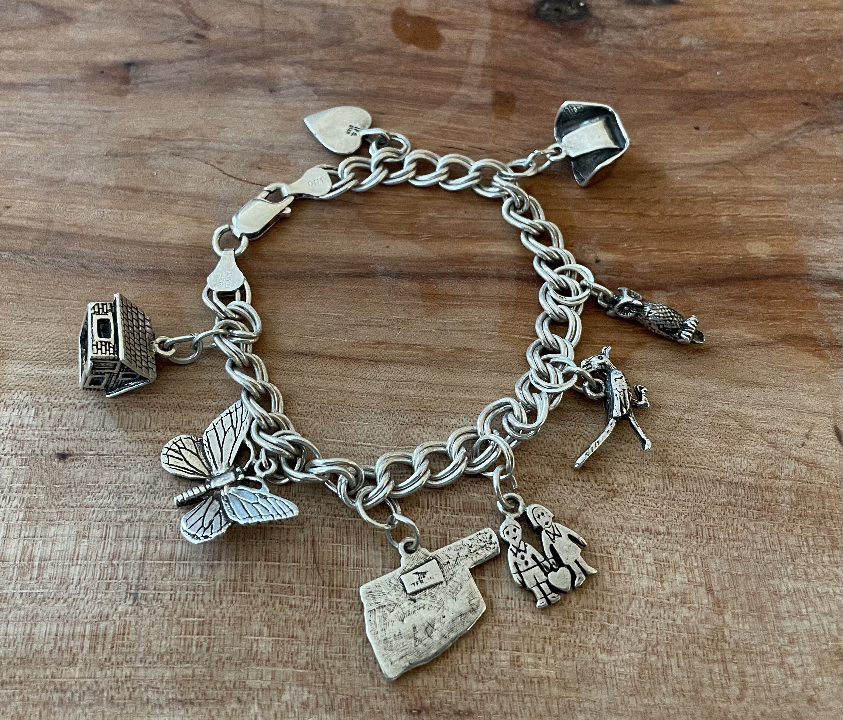 Vintage Sterling Silver love charm Bracelet With 8 Charms 7 Inches