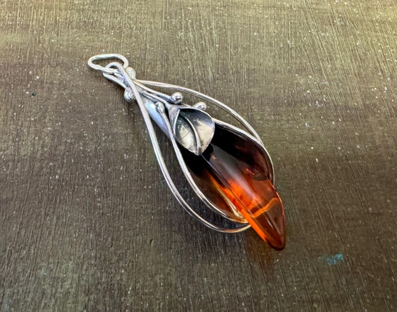 Vintage sterling silver amber flower pendant.#214… - image 1