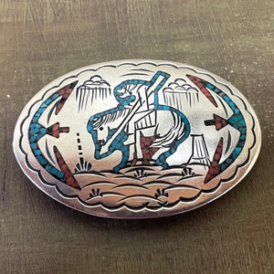 Navajo belt buckle signed SD with crushed turquoise & coral inlay vintage. #332B3.Free shipping!!!