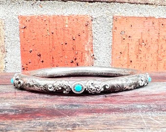 Vintage Sterling Silver Turquoise Bangle Bracelet | Hand-Stamped Scrollwork | Signed | Southwestern Style *AS IS*