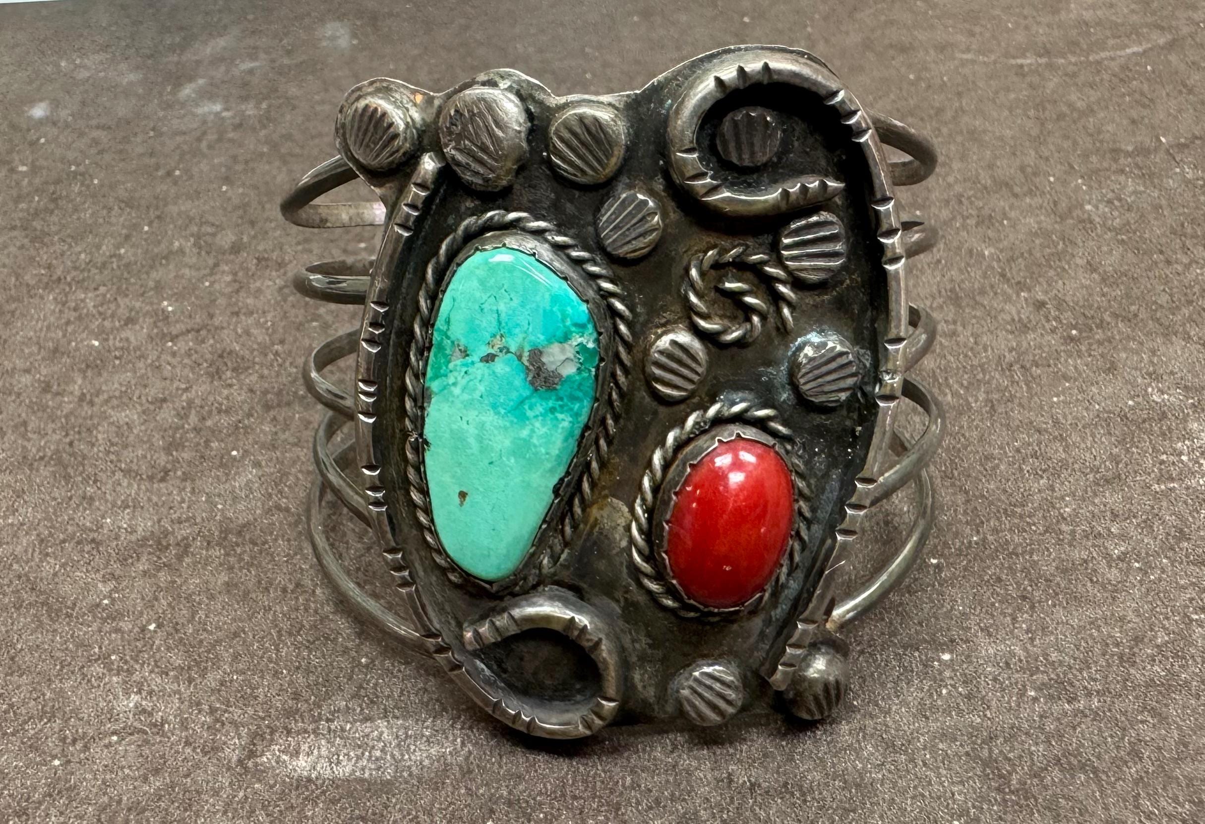 Vintage Navajo Turquoise & Coral Sterling Silver Wide Cuff Bracelet ...