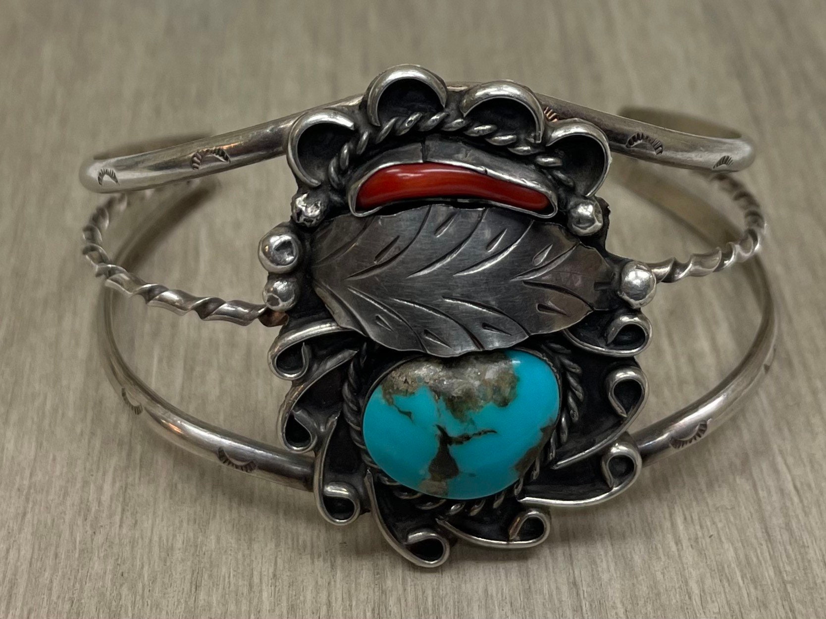 Vintage SS Native American turquoise & coral cuff bracelet.#200369S.Free shipping!!!