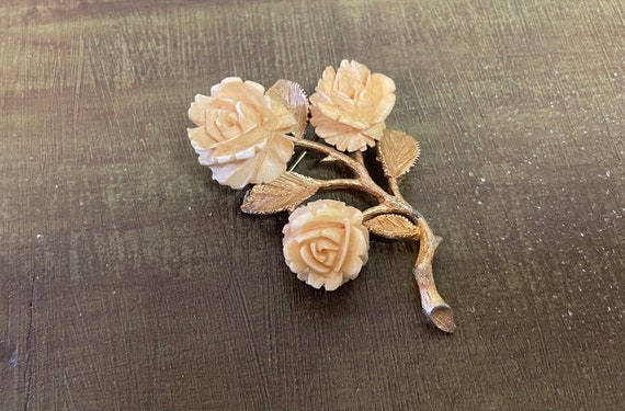 Vintage signed Ledo art carved celluloid rose flo… - image 2