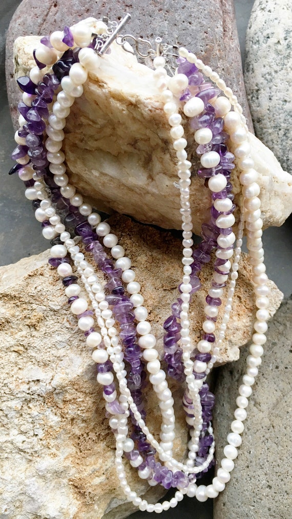Gorgeous Synthetic Pearl and Purple stone Necklace - image 5