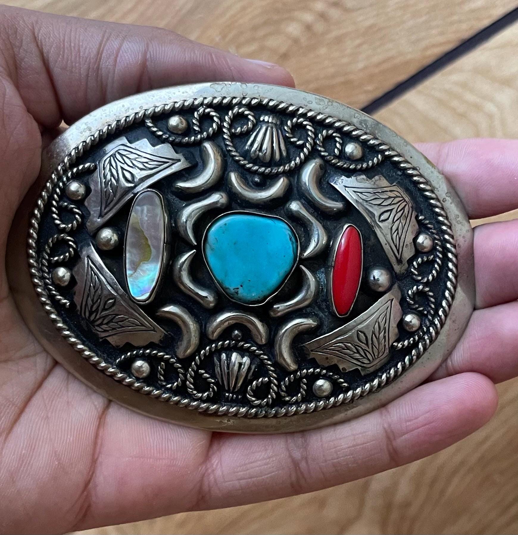 Alpaca Mexico Turquoise , Mop & Coral Oval Belt Buckle  display picture 1