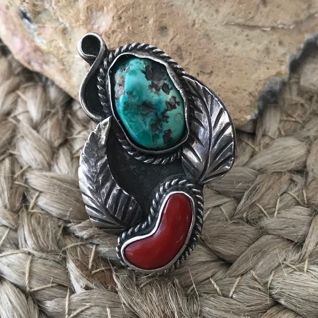 Vintage Large Sterling Silver Navajo Turquoise and Coral Ring Signed D ...