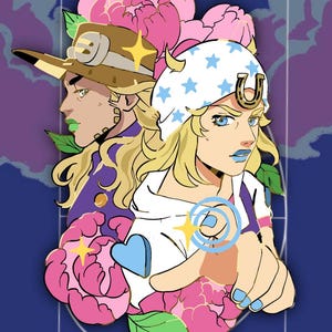 Puede incluir: Ilustración de estilo anime con dos personajes rubios de ojos azules. Uno lleva un sombrero marrón, el otro un sombrero blanco con estrellas azules. También hay flores rosas y un corazón azul. El fondo es un degradado púrpura y azul.