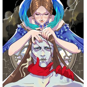 Puede incluir: Ilustración digital de dos figuras. Una figura, adornada con plumas y joyas azules, toca la cara de la otra. La segunda figura tiene pelo largo castaño y guantes rojos. El fondo es oscuro con relámpagos.
