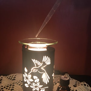 May include: A black metal oil diffuser with a hummingbird and floral design. The diffuser is lit and has a glass dish on top. A small bottle of essential oil is next to the diffuser.