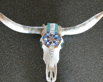 COMMISSION a one of a kind turquoise and glass embellished steer skull