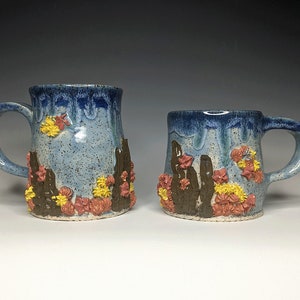 Sea Life Mugs - Coral & Seaweed Ceramic Mugs for Ocean Lovers - Set of Two Blue Drippy Glaze Unique Ocean Themed Large Coffee Mugs