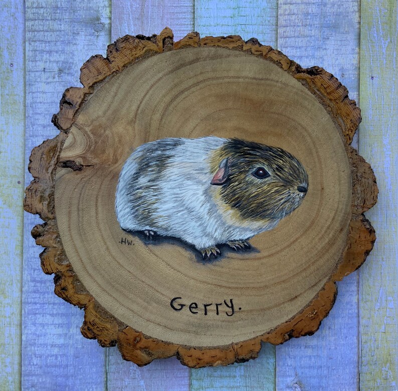 May include: A hand-painted wooden slice with a portrait of a guinea pig. The guinea pig is white with brown and black markings. The wood slice is brown and has a natural bark edge. The guinea pig is named "Gerry".